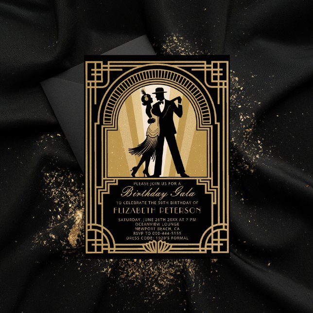 Roaring 20s Art Deco Gatsby Prohibition Birthday Invitation (roaring 20s birthday party invitation art deco gatsby gold flapper frame elegant classy formal)