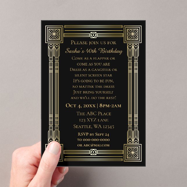 Roaring 20s art deco great gatsby birthday acrylic invitations (Insitu (Handheld))