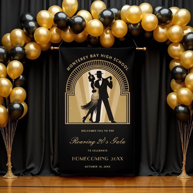 Roaring 20s Art Deco Prom Homecoming School Gala Banner (homecoming prom school event banner roaring 20s gatsby flapper dancing black gold)