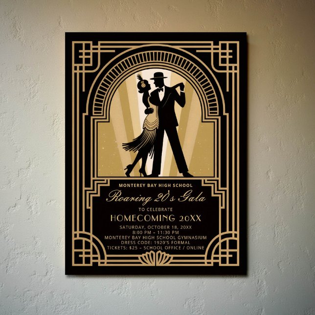 Roaring 20s Art Deco Prom Homecoming School Gala Poster (homecoming prom school event poster roaring 20s gatsby flapper dancing black gold)