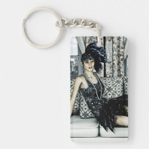 Roaring 20s Flapper Fashion Art Illustration Key Ring