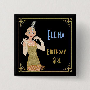 Roaring 20's Flapper Gold Glitter Black Retro 15 Cm Square Badge
