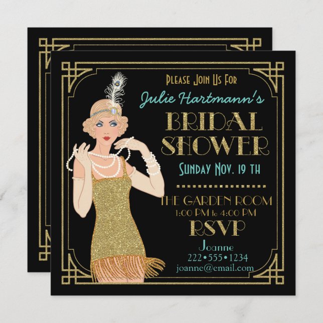 Roaring 20's Flapper Gold Glitter Black Retro Invitation (Front/Back)