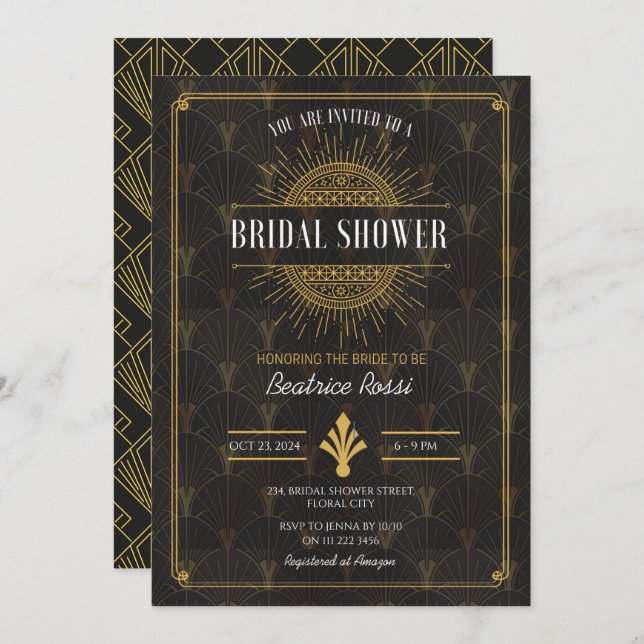 Roaring 20s Great Gatsby Art Deco Bridal Shower Invitation (Front/Back)