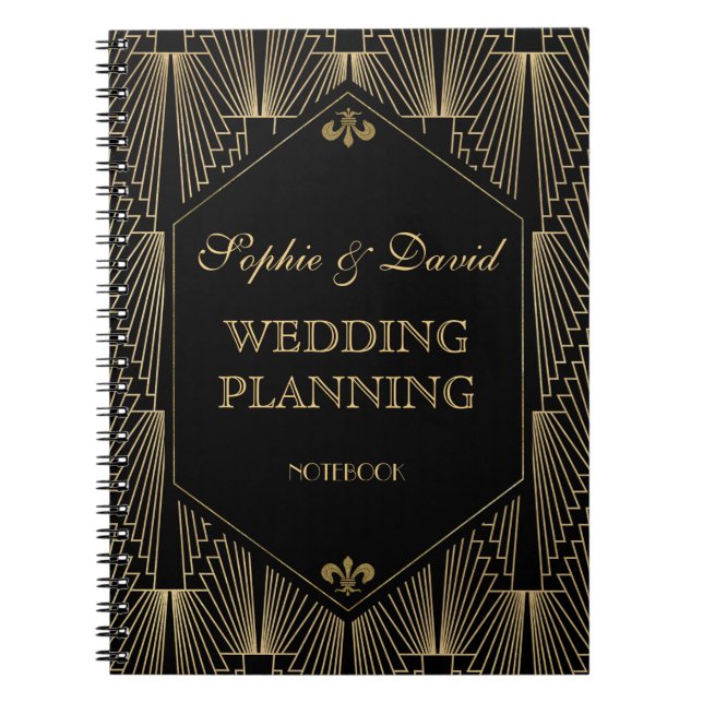 Roaring 20s Great Gatsby Art Deco Wedding Planner Spiral Notebook (Front)