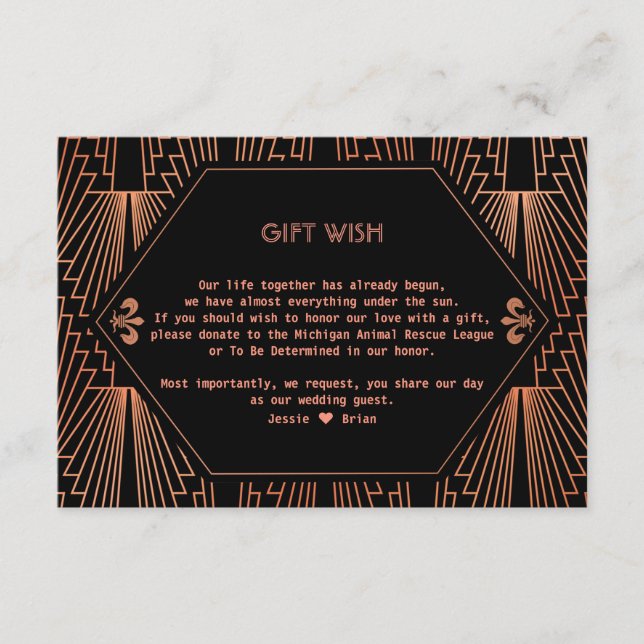 Roaring 20s Great Gatsby Copper Wedding Gift Wish  Enclosure Card (Front)