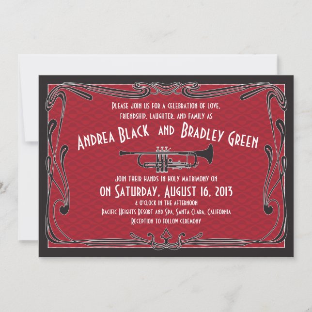 Roaring 20s Twenties Trumpet Red Wedding Invitation (Front)