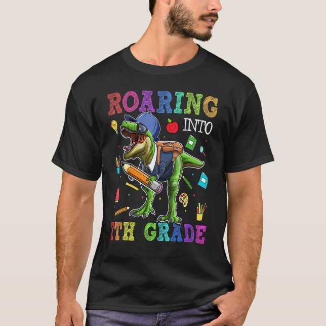 Roaring 7th Grade Dinosaur Rex Back To School Stud T-Shirt (Front)
