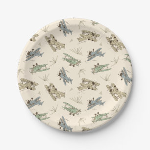 Roaring Art Deco Bi-planes - blue green pattern.   Paper Plate