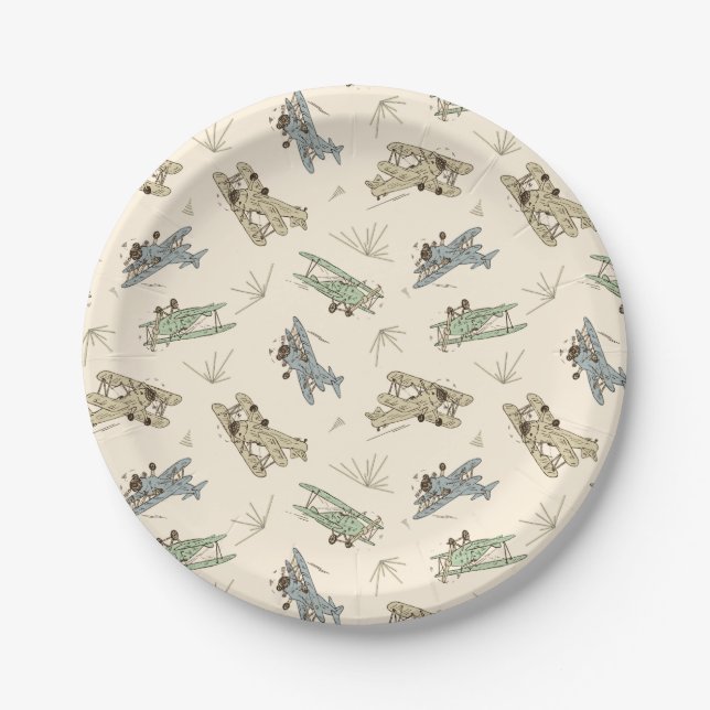 Roaring Art Deco Bi-planes - blue green pattern.   Paper Plate (Front)