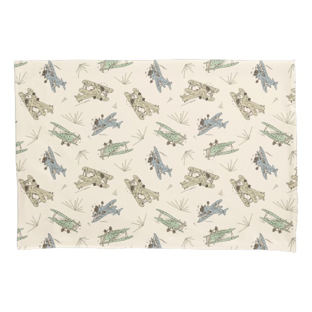 Roaring Art Deco Bi-planes - blue green pattern.   Pillowcase (Front)