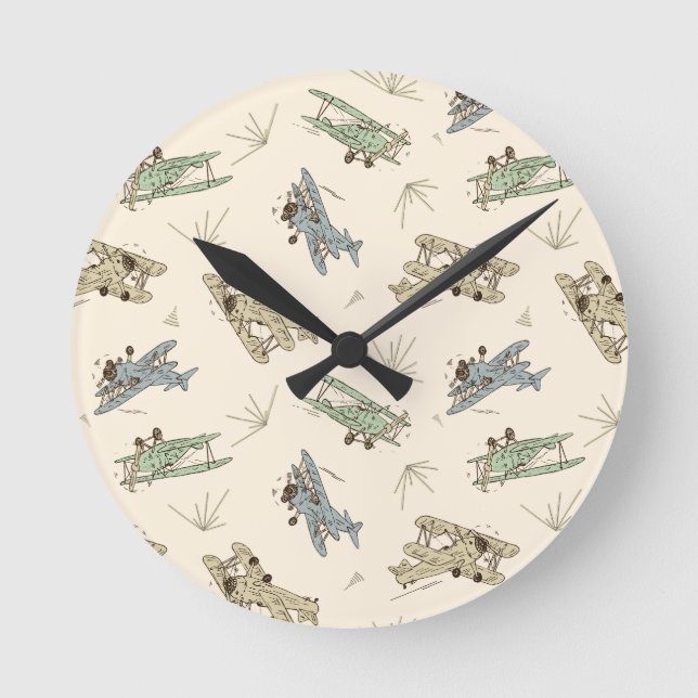 Roaring Art Deco Bi-planes - blue green pattern.   Round Clock (Front)