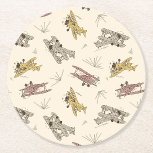 Roaring Art Deco Bi-planes - red yellow pattern. Round Paper Coaster