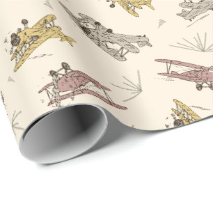 Roaring Art Deco Bi-planes - red yellow pattern. Wrapping Paper