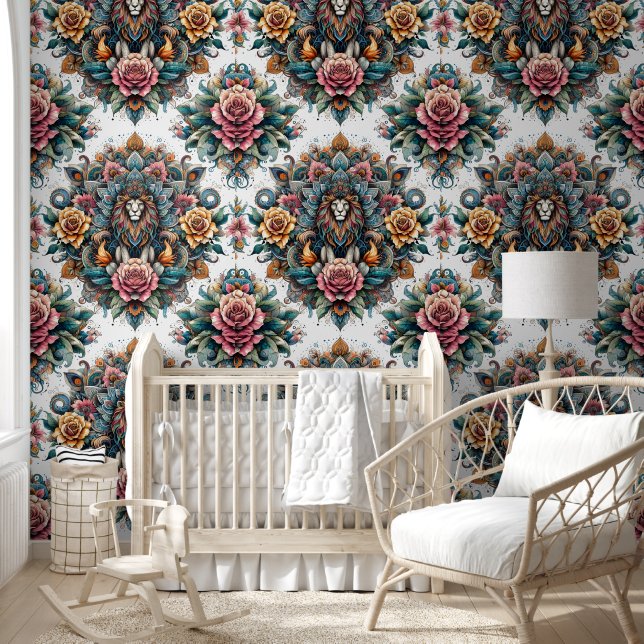 Roaring Beauty: Lion & Floral Splendour Wallpaper (Kids)