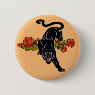 Roaring black panther and blooming roses button