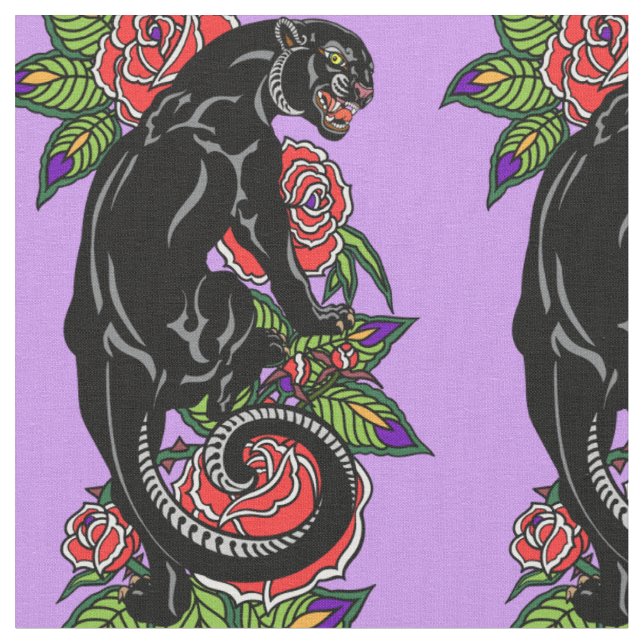 Roaring black panther and blooming roses fabric (Close Up)