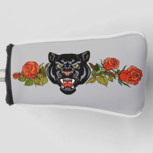 Roaring black panther and blooming roses golf head cover