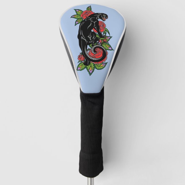 Roaring black panther and blooming roses golf head cover (Front)