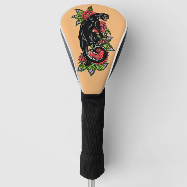 Roaring black panther and blooming roses golf head golf head cover (Front)