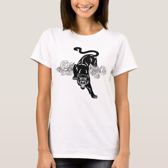 Roaring black panther and blooming roses T-Shirt (Front)