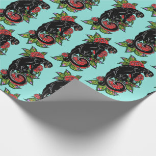 Roaring black panther and blooming roses wrapping wrapping paper