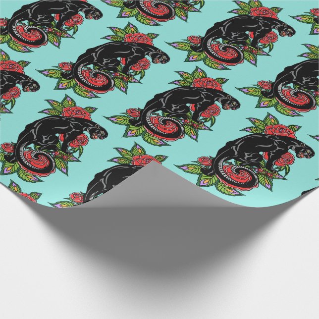 Roaring black panther and blooming roses wrapping  wrapping paper (Corner)