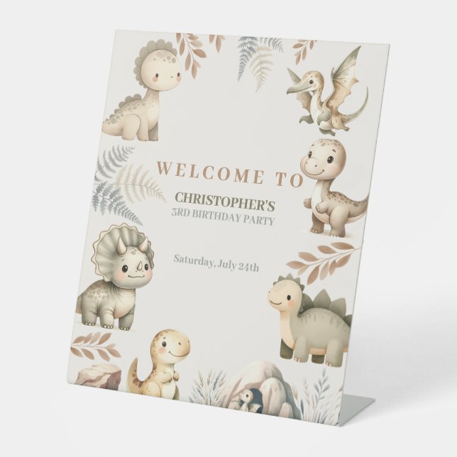 Roaring Boho Dinosaur Theme Birthday Pedestal Sign (Front)