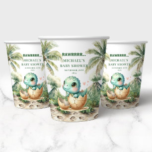 Roaring Dino Baby Shower Hatching Soon Paper Cups