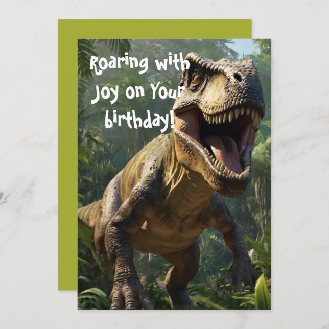 Roaring Dinosaur Birthday Green Greeting Card (Front/Back)