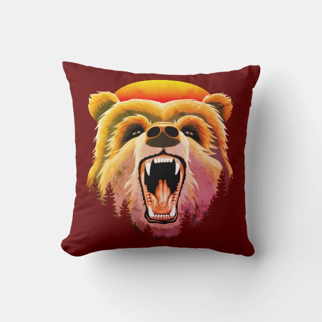Roaring Grizzly Bear Face Cushion (Front)