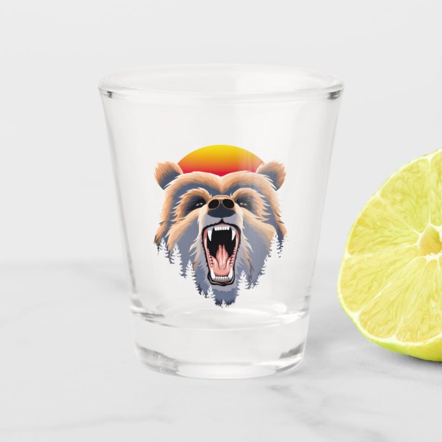 Roaring Grizzly Bear Face Shot Glass (Front)