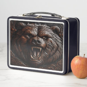 Roaring Grizzly Carved in Leather Metal Lunch Box