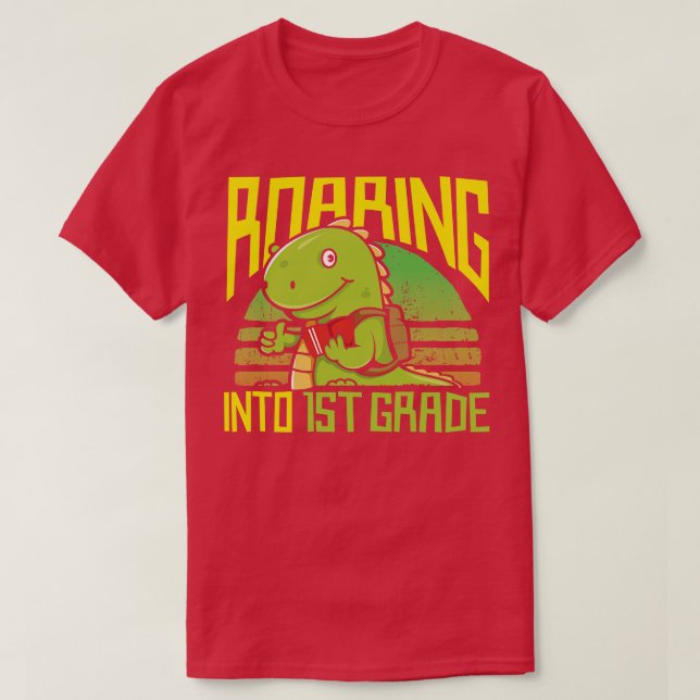 Roaring Into 1st First Grade Dinosaur T-Shirt (Design Front)