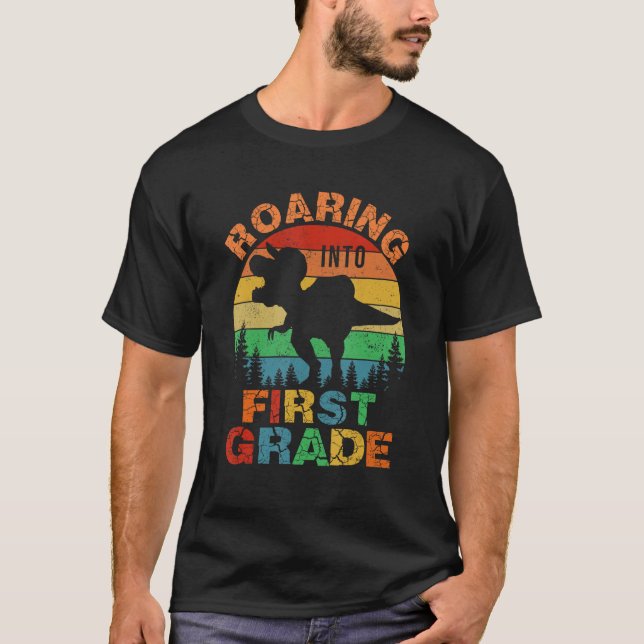 Roaring Into 1st Grade Dinosaur Rex Back to School T-Shirt (Front)