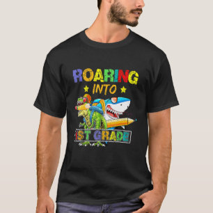 Roaring Into 1st Grade  Dinosaur Shark Back To Sch T-Shirt