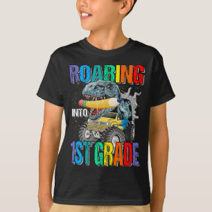 Roaring Into 1st Grade Monster Truck Dinosaur Boys T-Shirt
