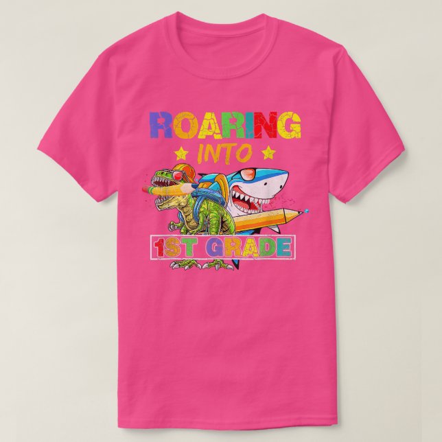 Roaring Into 1st Grade s Dinosaur Shark Back To Sc T-Shirt (Design Front)