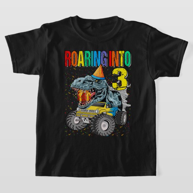 Roaring Into 3rd Birthday Monster Truck Dinosaur T-Shirt (Laydown)