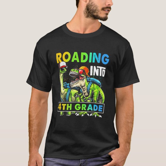 Roaring Into 4Th Grade Dinosaur Backpack Back To S T-Shirt (Front)