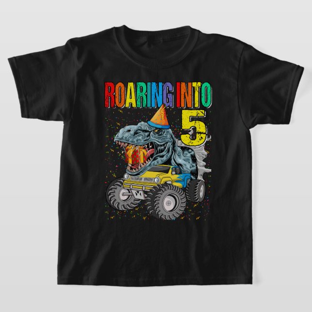 Roaring Into 5th Birthday Monster Truck Dinosaur T-Shirt (Laydown)