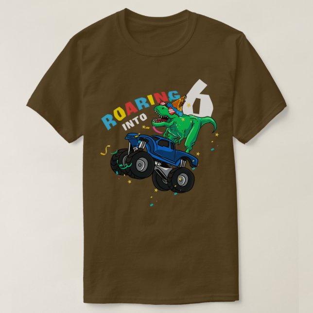 Roaring Into 6 6th Birthday Party Dinosaur Monster T-Shirt (Design Front)