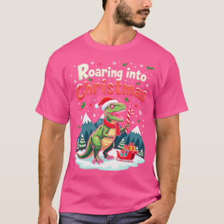 Roaring Into Christmas Kids Boys Funny Dinosaur Py T-Shirt
