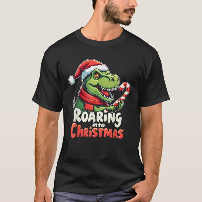 Roaring into Christmas T Rex Santa Hat Candy Cane  T-Shirt (Front)