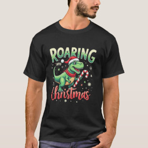 Roaring into Christmas T Rex Santa Hat Candy Cane T-Shirt