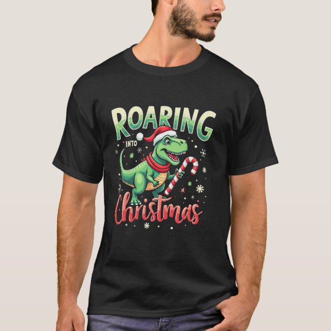 Roaring into Christmas T Rex Santa Hat Candy Cane  T-Shirt (Front)