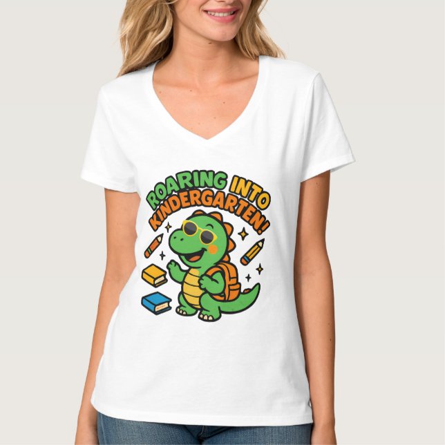 Roaring Into Kindergarten Dinosaur T-Shirt (Front)