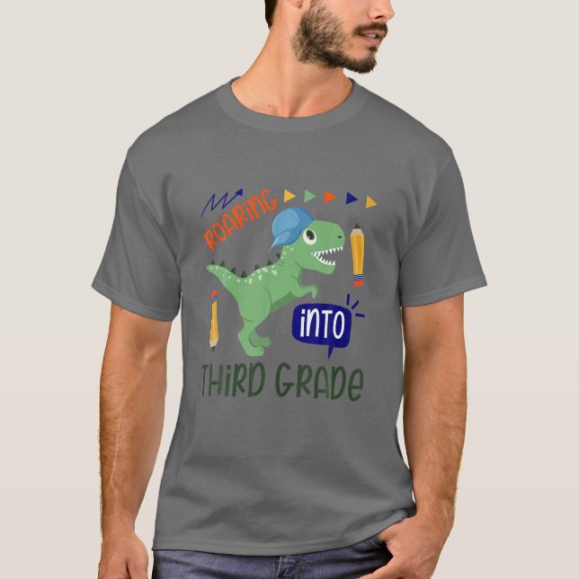 Roaring Into Third Grade Back To School Dinosaur T-Shirt (Front)