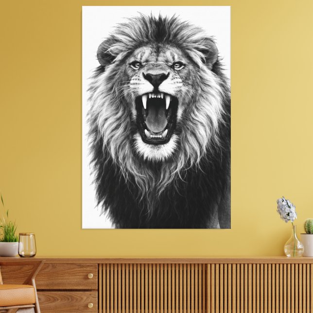 Roaring Lion Black White Powerful Wildlife Art Canvas Print (Insitu(LivingRoom))
