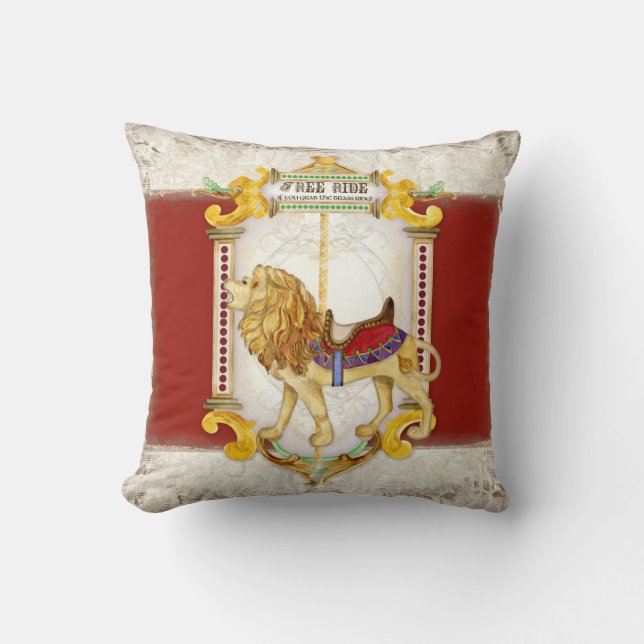 Roaring Lion Brass Ring, Circus Carousel Vintage Cushion (Front)